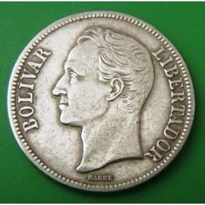   1919 Five Bolivares    Heavy Silver Coin    Circulated Very Fine