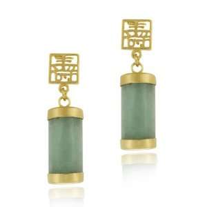   Silver and Green Chinese Jade Longevity Dangle Earrings Jewelry