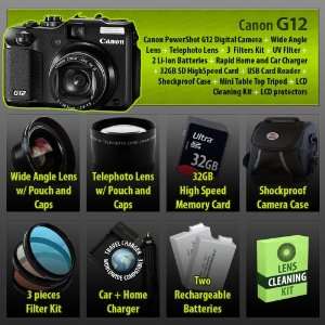  PowerShot G12 Digital Camera + 2x Telephoto lens + Wide Angle Lens 