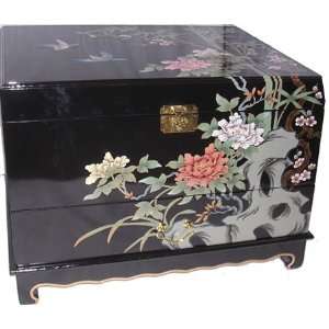  End table sized Oriental trunk. Hand painted shiny black 