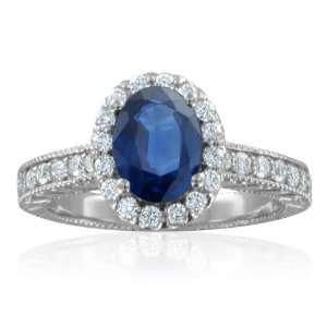  Natural Sapphire Diamond Engagement Ring in 18k White Gold Halo Ring 